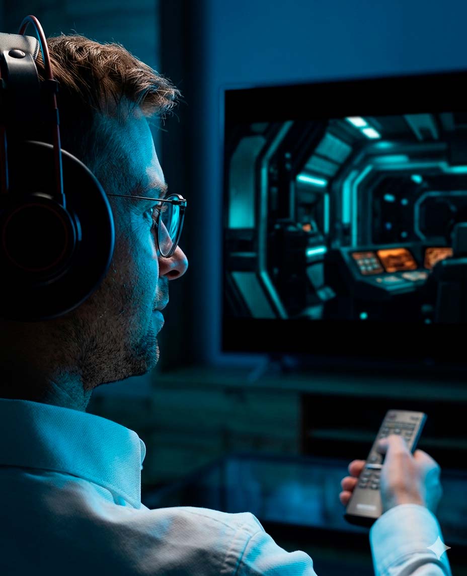 Homem assistindo televisão, desfrutando de conteúdo IPTV de alta qualidade