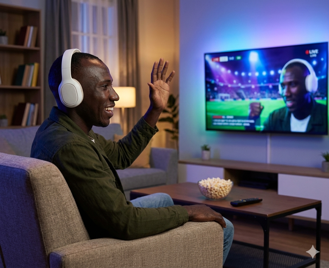 Homem configurando dispositivo IPTV na TV, seguindo guias de instalação