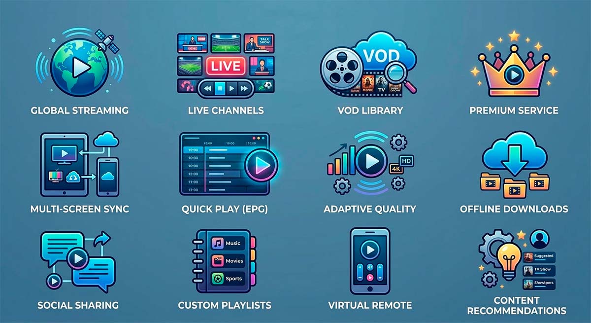 Ícones de aplicativos IPTV: TiviMate, Smarters Pro, Smart One IPTV e outros