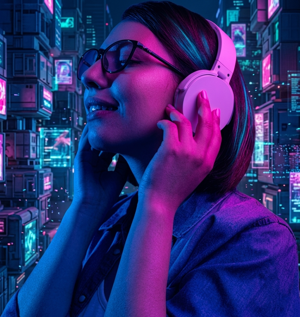 Mulher sorrindo assistindo streaming IPTV em TV, pronta para encontrar o ideal