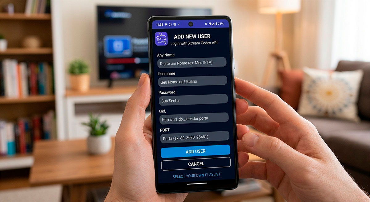 Tela de configuração do IPTV Smarters Pro no Android com campos de URL, usuário e senha preenchidos