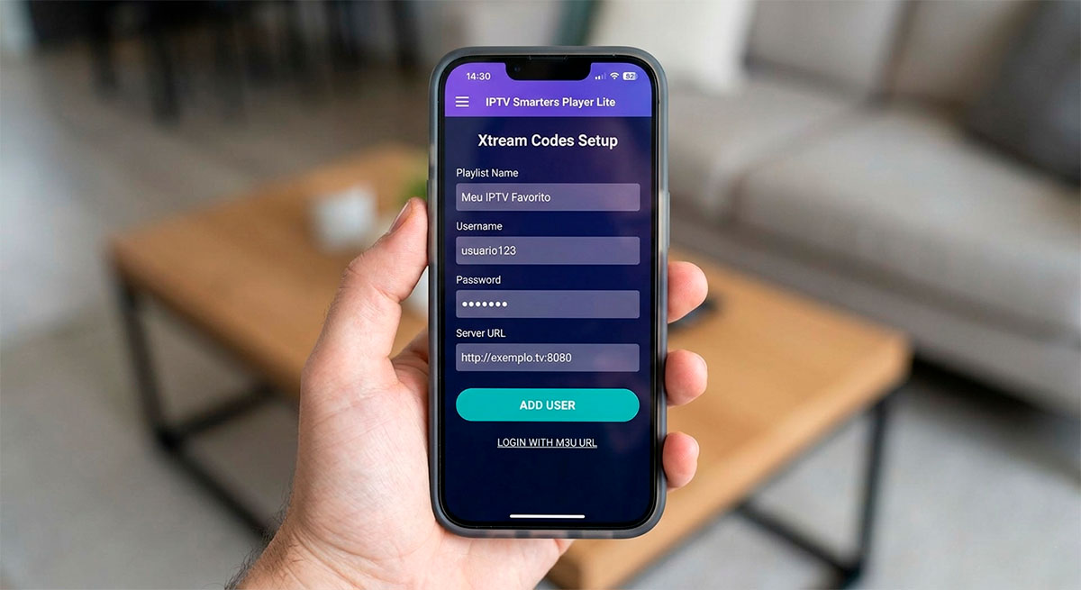Tela de configuração do Smarters Player Lite no iPhone com campos de Xtream Codes preenchidos